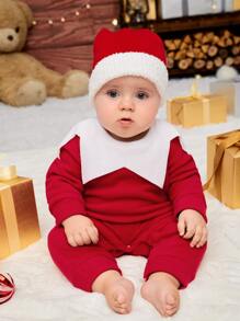 SHEIN Baby Christmas Two Tone Chevron Ruffle Fleece Jumpsuit - Red and White - View 4