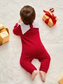 SHEIN Baby Christmas Two Tone Chevron Ruffle Fleece Jumpsuit - Red and White - View 5