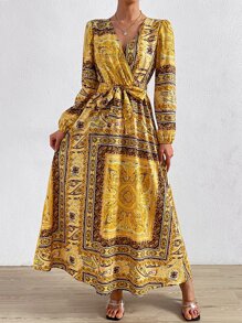 SHEIN Clasi 佩斯利絲巾圖案交疊領繫腰帶洋裝 - 彩色 - 查看 3