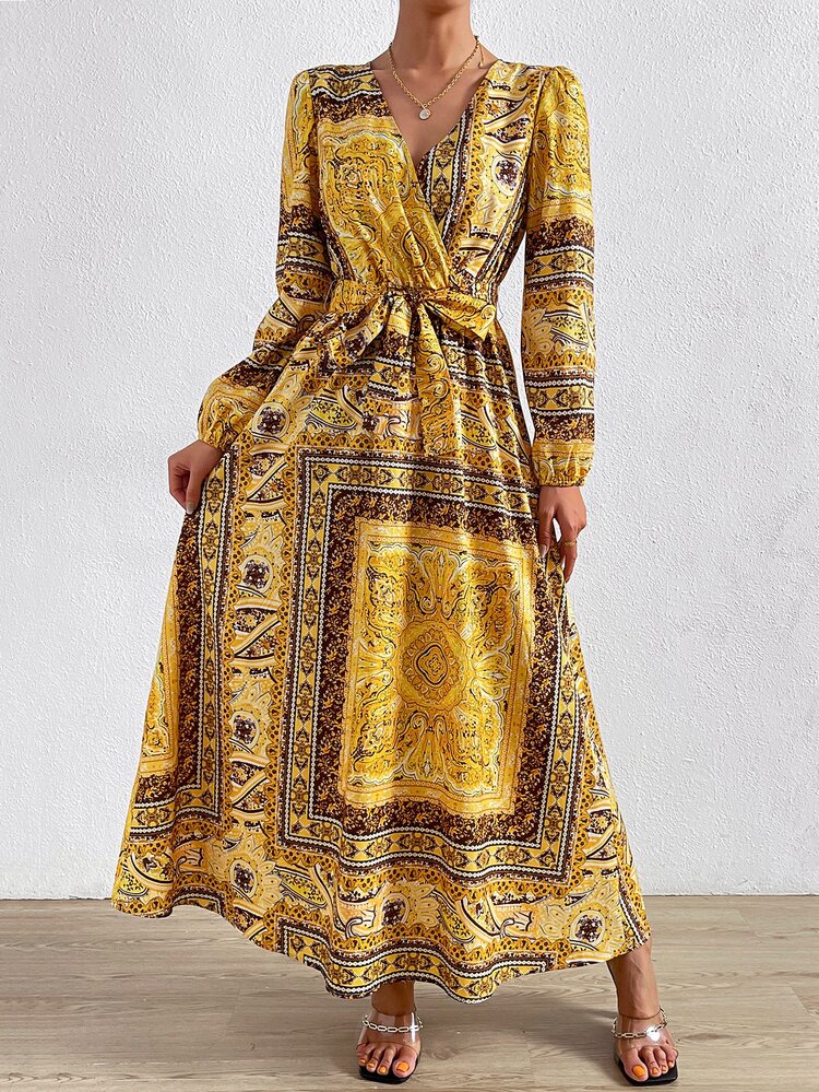 SHEIN Clasi 佩斯利絲巾圖案交疊領繫腰帶連衣裙 - 彩色 - 查看 3