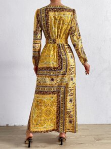 SHEIN Clasi 佩斯利絲巾圖案交疊領繫腰帶洋裝 - 彩色 - 查看 2