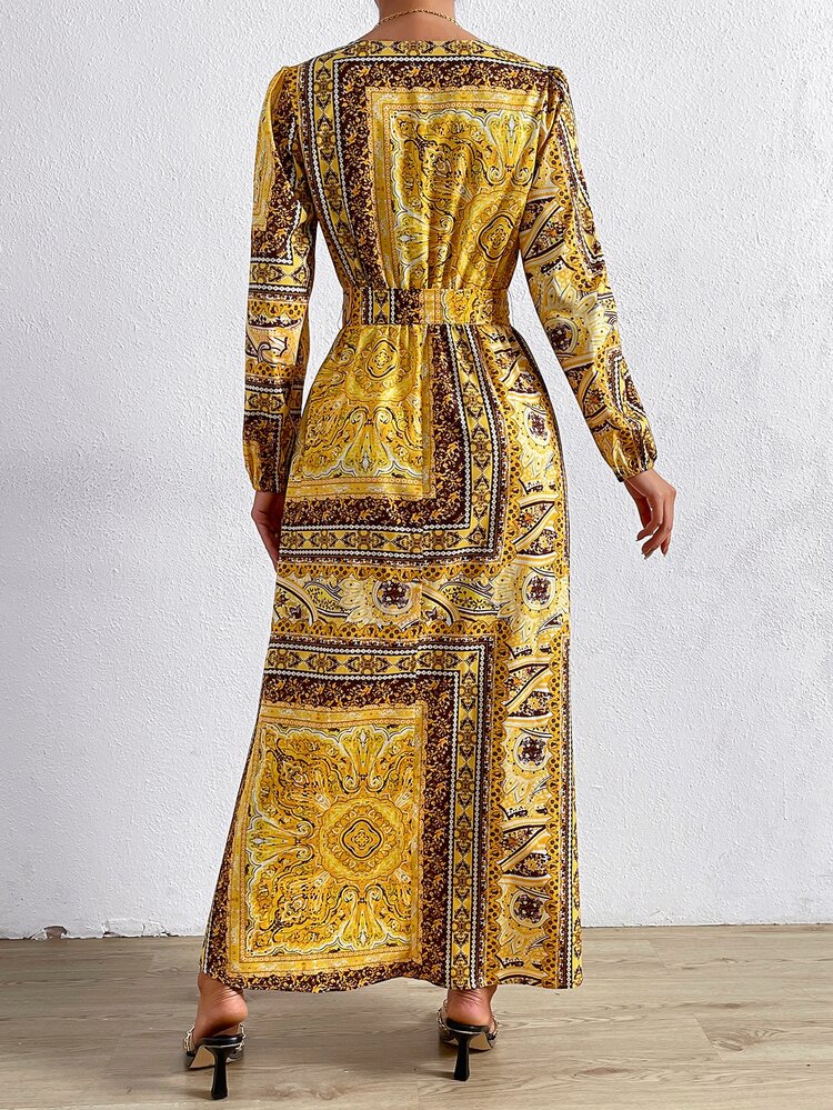 SHEIN Clasi 佩斯利絲巾圖案交疊領繫腰帶連衣裙 - 彩色 - 查看 2