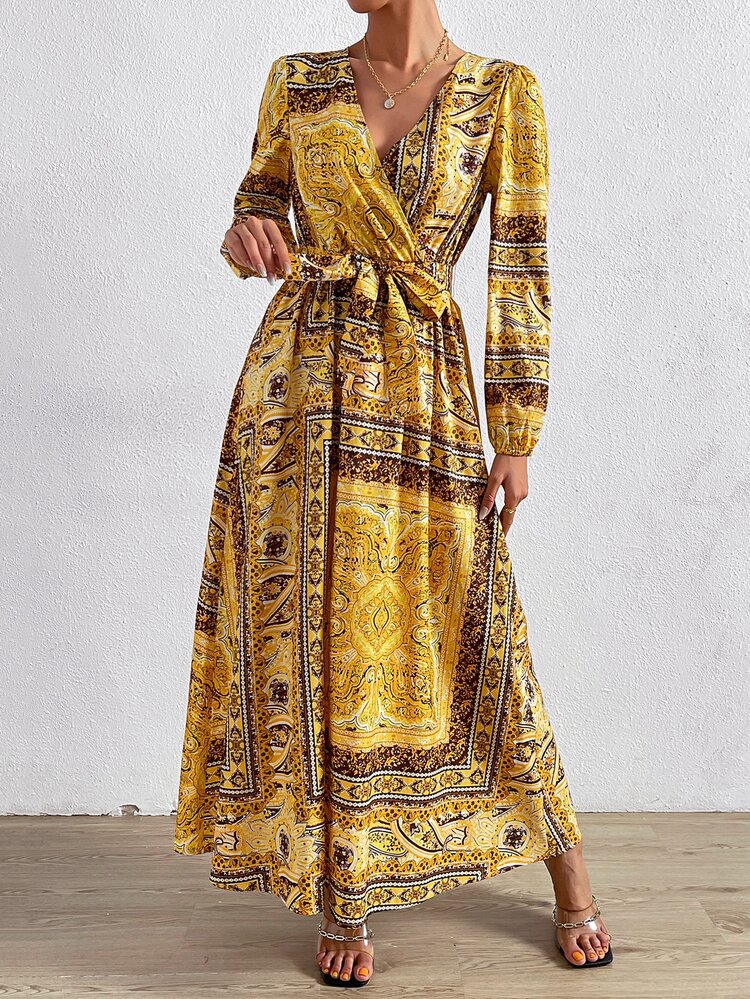 SHEIN Clasi 佩斯利絲巾圖案交疊領繫腰帶連衣裙 - 彩色 - 查看 4