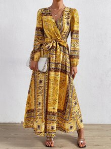 SHEIN Clasi 佩斯利絲巾圖案交疊領繫腰帶洋裝 - 彩色 - 查看 5