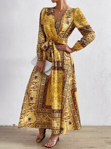 SHEIN Clasi 佩斯利絲巾圖案交疊領繫腰帶洋裝 - 彩色 - 查看 6