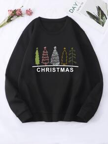 Christmas Tree & Letter Graphic Thermal Pullover - Black - View 1