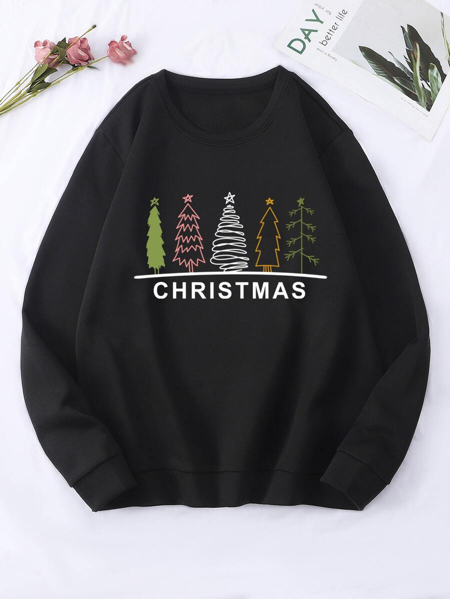 Christmas Tree & Letter Graphic Thermal Pullover - Black - View 1