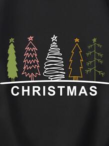 Christmas Tree & Letter Graphic Thermal Pullover - Black - View 6