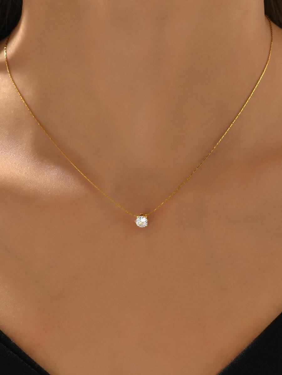 18K Gold Plated 1pc Stainless Steel Chain Gold Bamboo Node 6-Claw Rhinestone Necklace, Suitable For Women Daily Wear And Holiday Gift