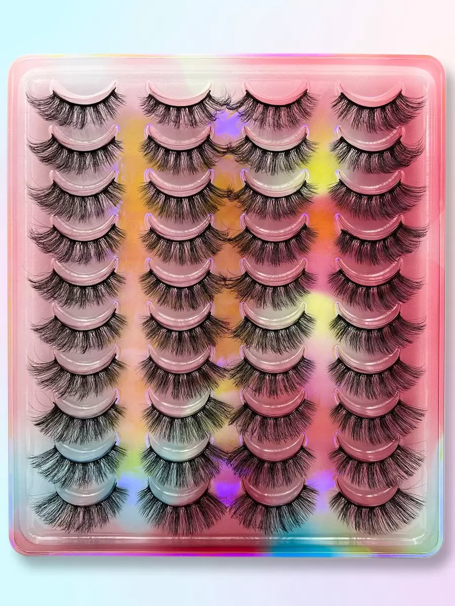 20 Pairs False Eyelashes Natural, 14 Mm Volumized Curling Magnetic Lashes, End Eye Elongated Faux Mink Strip Lashes Suitable For Parties Or Gift For Women&Girls Pink Package Lashes - Black - View 1