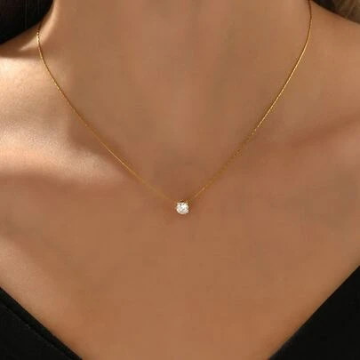 18K Gold Plated 1pc Stainless Steel Chain Gold Bamboo Node 6-Claw Rhinestone Necklace, Suitable For Women Daily Wear And Holiday Gift