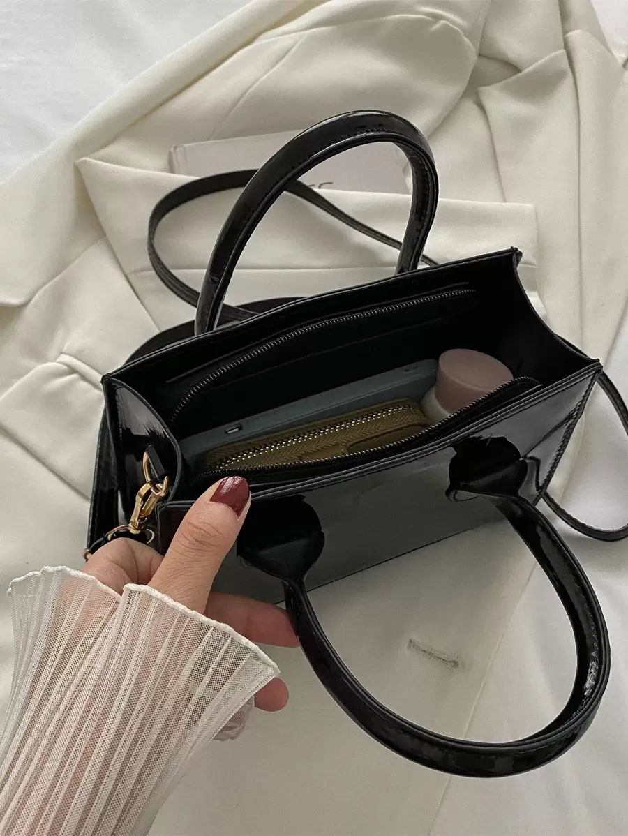 小方包優雅黑色雙把手PU皮革 - 黑色 - 查看 1