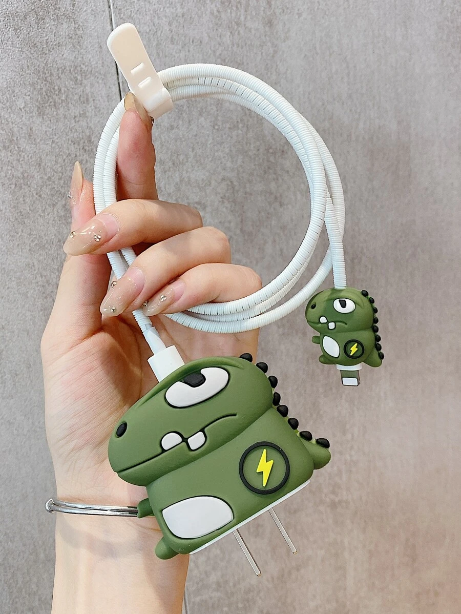 4入組恐龍設計數據線保護頭套裝 - 軍綠色 - 查看 1