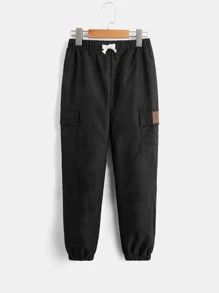 SHEIN Boys Drawstring Waist Patched Flap Pocket Teddy Line Trousers - Black - View 3