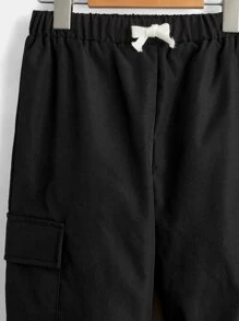 SHEIN Boys Drawstring Waist Patched Flap Pocket Teddy Line Trousers - Black - View 4