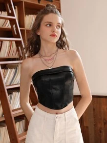 SHEIN MOD Zip Back PU Leather Tube Top - Black - View 1