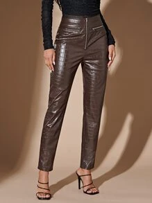 SHEIN BAE Zip Fly Crocodile Embossed PU Leather Trousers - Chocolate Brown - View 1