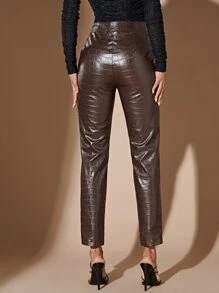 SHEIN BAE Zip Fly Crocodile Embossed PU Leather Trousers - Chocolate Brown - View 2