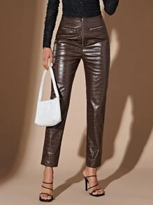SHEIN BAE Zip Fly Crocodile Embossed PU Leather Trousers - Chocolate Brown - View 3