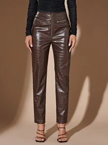 SHEIN BAE Zip Fly Crocodile Embossed PU Leather Trousers - Chocolate Brown - View 4