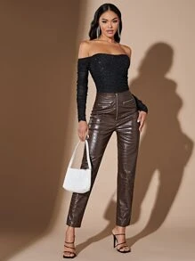 SHEIN BAE Zip Fly Crocodile Embossed PU Leather Trousers - Chocolate Brown - View 5