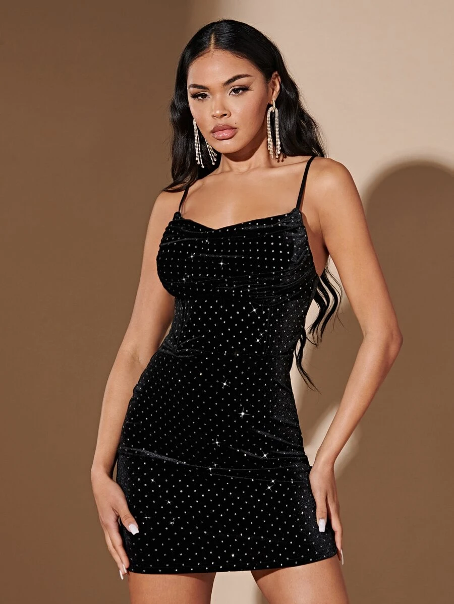 SHEIN BAE Đầm Xù Pha lê kim cương màu trơn Buổi tiệc - màu đen - Xem 1