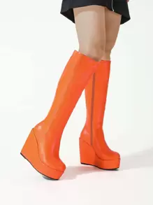Neon Orange Zip Side Wedge Boots - Orange - View 1