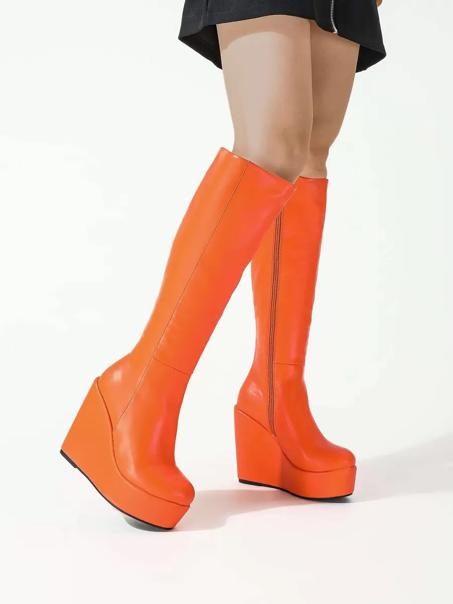 Neon Orange Zip Side Wedge Boots - Orange - View 1