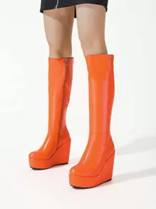 Neon Orange Zip Side Wedge Boots - Orange - View 3