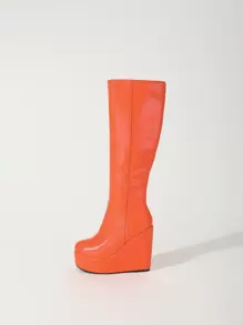 Neon Orange Zip Side Wedge Boots - Orange - View 5
