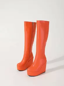 Neon Orange Zip Side Wedge Boots - Orange - View 6