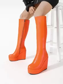 Neon Orange Zip Side Wedge Boots - Orange - View 7