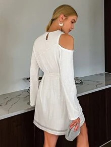 Sollinarry Mock Neck Cut Out Belted Sequin Dress - White - View 2