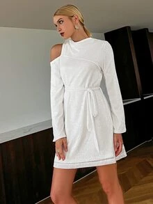 Sollinarry Mock Neck Cut Out Belted Sequin Dress - White - View 3