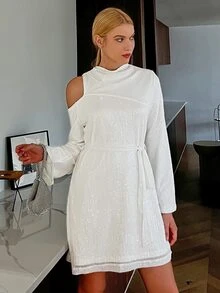 Sollinarry Mock Neck Cut Out Belted Sequin Dress - White - View 4