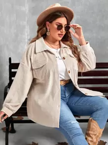 SHEIN LUNE Abrigo de pana de hombros caídos con bolsillo con solapa - Beis - Ver 1