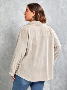 SHEIN LUNE Abrigo de pana de hombros caídos con bolsillo con solapa - Beis - Ver 2