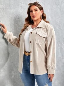 SHEIN LUNE Abrigo de pana de hombros caídos con bolsillo con solapa - Beis - Ver 4