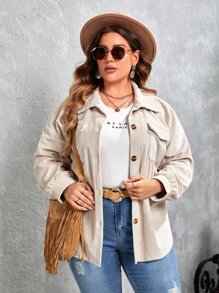 SHEIN LUNE Abrigo de pana de hombros caídos con bolsillo con solapa - Beis - Ver 5