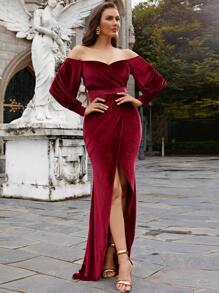 Missord Off Shoulder Split Thigh Mermaid Hem Velvet Prom Dress - Burgundy - View 1