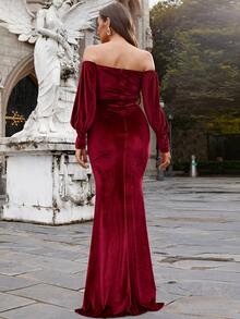 Missord Off Shoulder Split Thigh Mermaid Hem Velvet Prom Dress - Burgundy - View 2