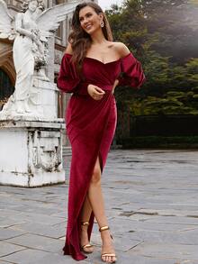 Missord Off Shoulder Split Thigh Mermaid Hem Velvet Prom Dress - Burgundy - View 5