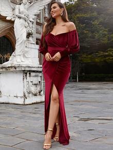 Missord Off Shoulder Split Thigh Mermaid Hem Velvet Prom Dress - Burgundy - View 7