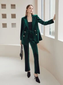 MOTF PREMIUM 絲絨喇叭褲 - 墨綠色 - 查看 3