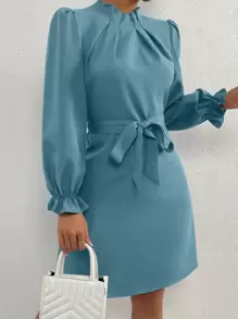 SHEIN Clasi Flounce Sleeve Belted Dress - Baby Blue - View 4