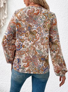 SHEIN Clasi Blusa con estampado de paisley con encaje de manga farol - Multicolor - Ver 2