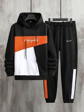 Guys Letter Graphic Colorblock Drawstring Hoodie & Sweatpants