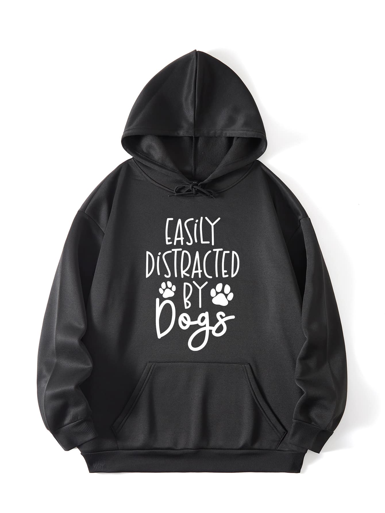 SHEIN LUNE Plus Paw & Slogan Graphic Kangaroo Pocket Drop Shoulder Drawstring Hoodie - Black - View 1