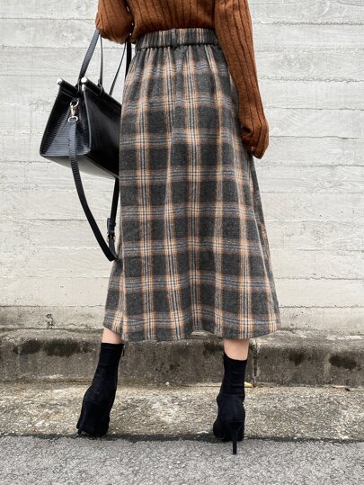 Plaid Print Pleated Detail Skirt