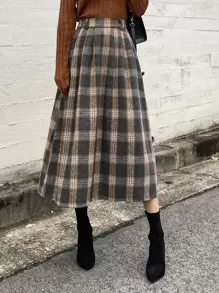 DAZY 格纹印花褶裥半身裙，秋冬款